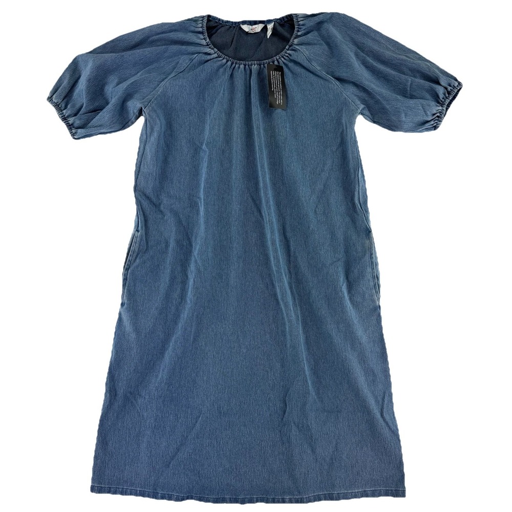 Denim & Co Comfy Knit Air Puff Sleeve Dress XS Light Wash Blue